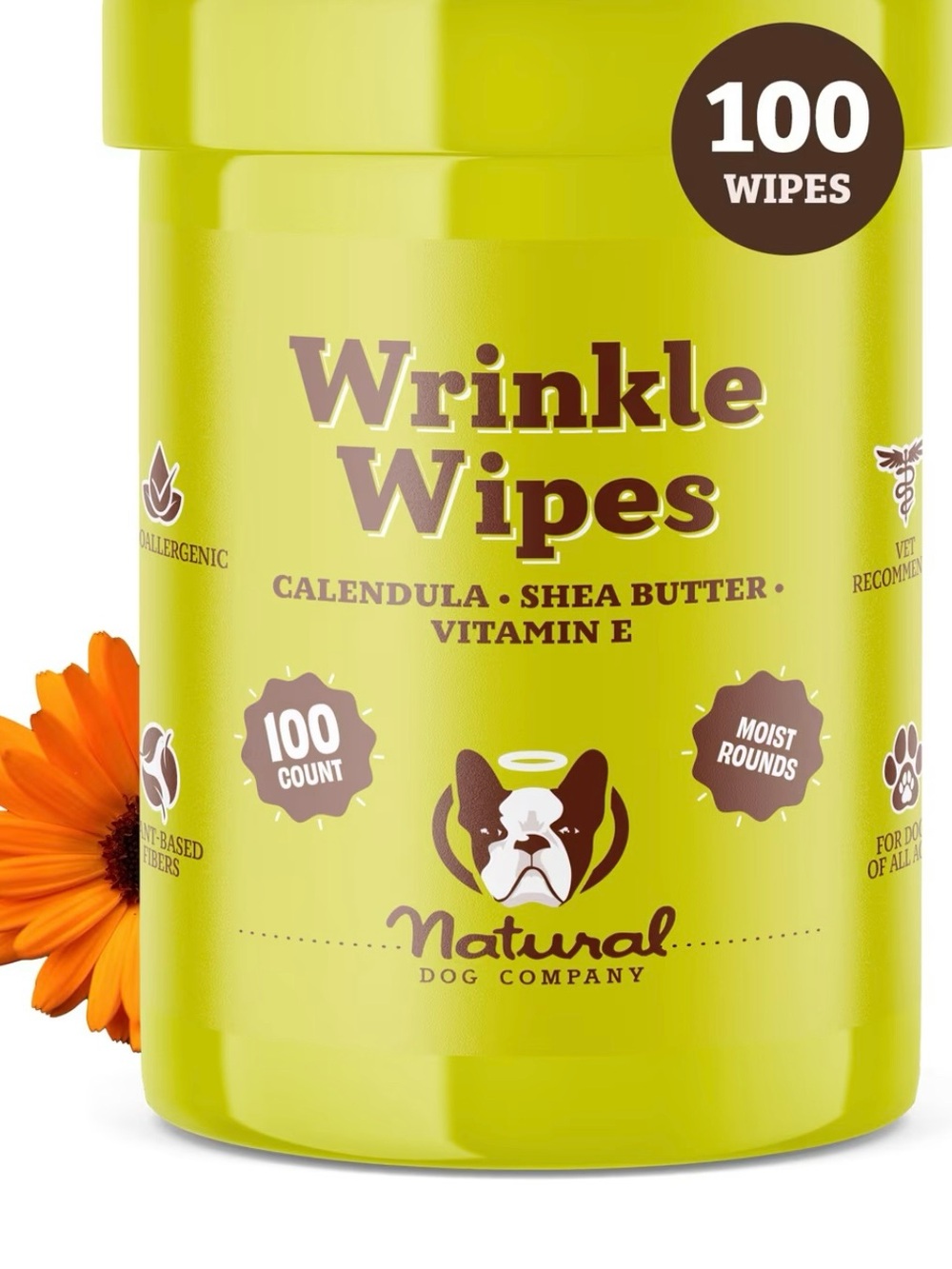 Set of 2 Natural Dog Company Wrinkle Wipes for Dogs, 100 Count, Hypoallergenic